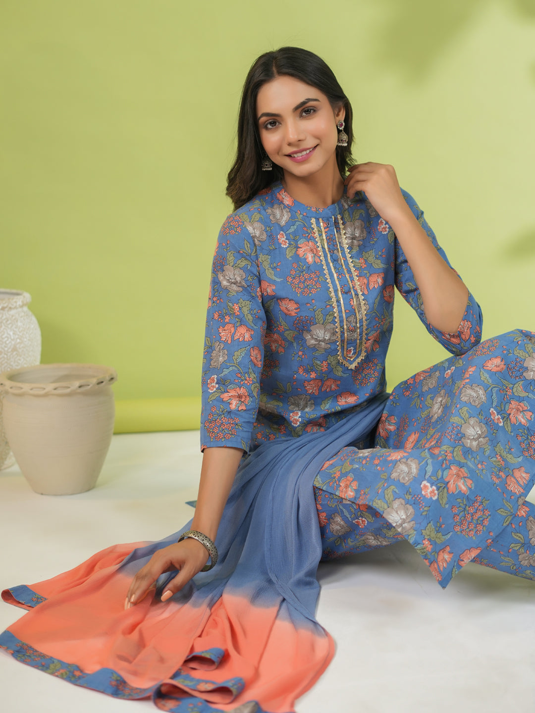 Janasya Straight Cambric Blue Floral Band Collar Kurta Set - Distacart