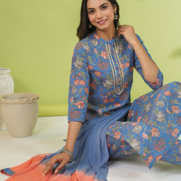 Janasya Straight Cambric Blue Floral Band Collar Kurta Set - Distacart