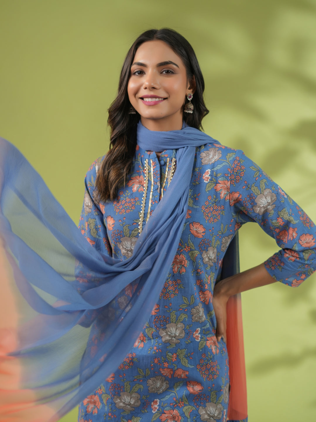 Janasya Straight Cambric Blue Floral Band Collar Kurta Set - Distacart