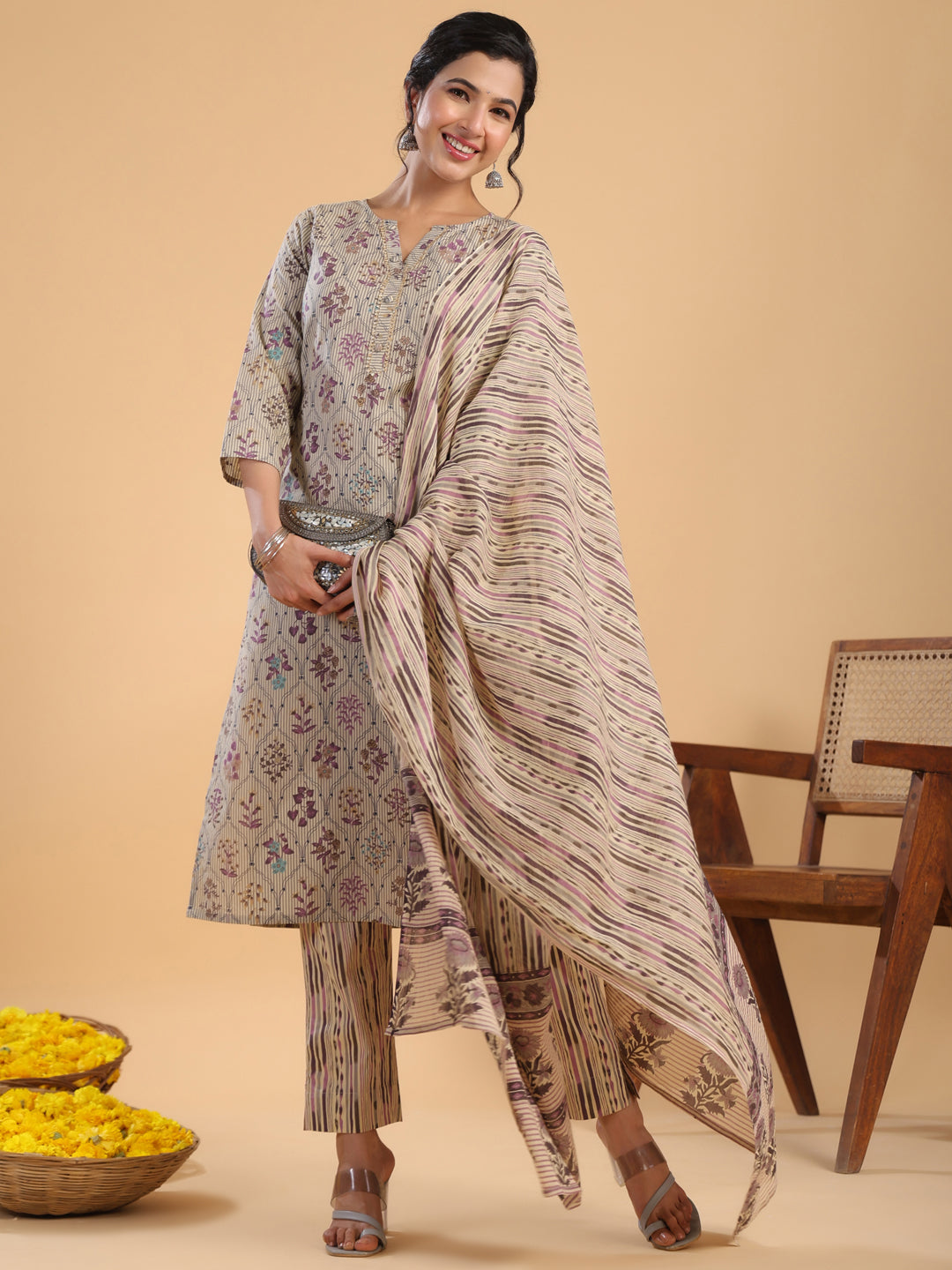 Janasya Regular Cotton Cream Floral Notch Neck Kurta,Bottom & Dupatta - Distacart
