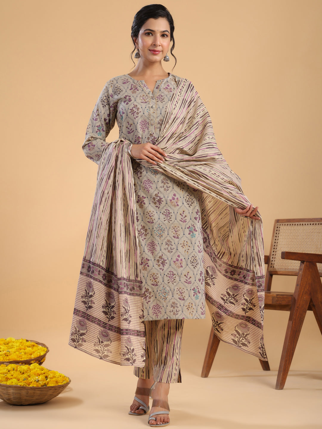 Janasya Regular Cotton Cream Floral Notch Neck Kurta,Bottom & Dupatta - Distacart
