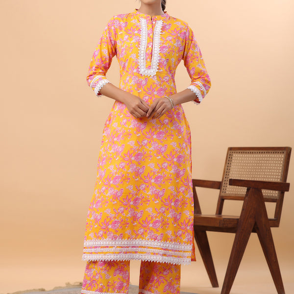 Janasya Straight Cambric Orange Floral Band Collar Kurta & Bottom - Distacart