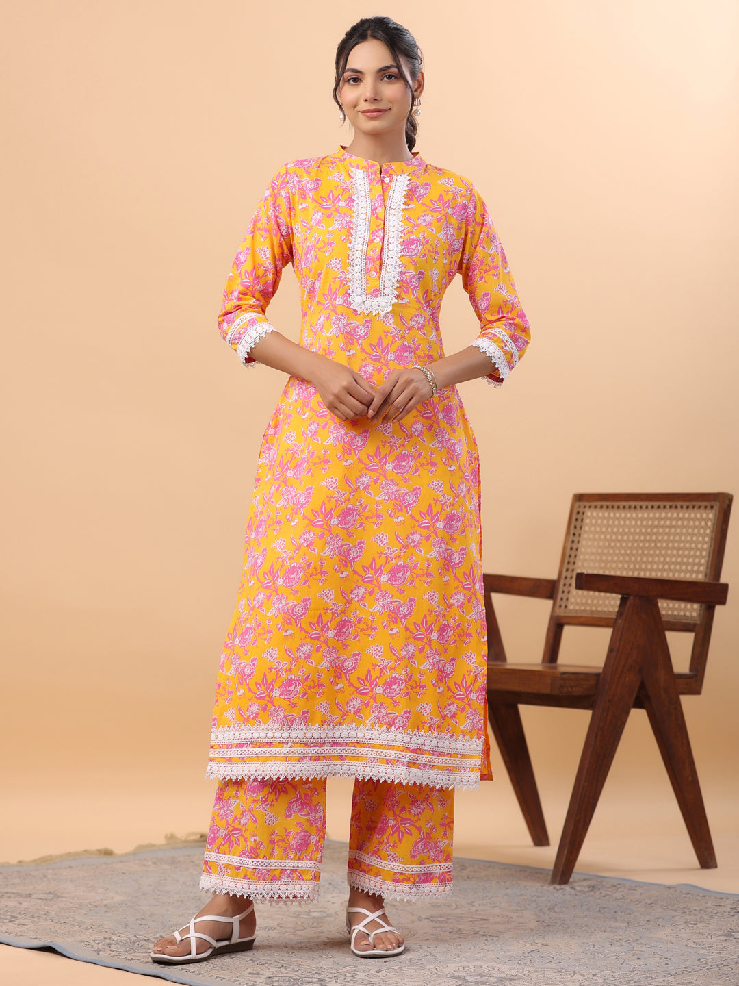 Janasya Straight Cambric Orange Floral Band Collar Kurta & Bottom - Distacart