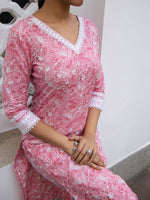 Thumbnail for Janasya Pink Cambric Floral Kurta Set