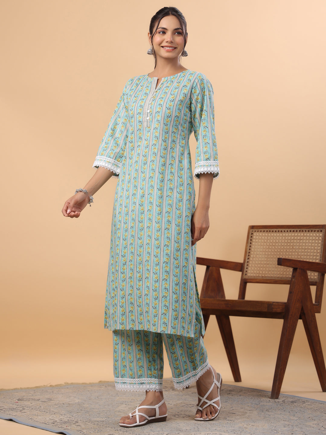 Janasya Regular Cambric Light Blue Floral Notch Neck Set - Distacart