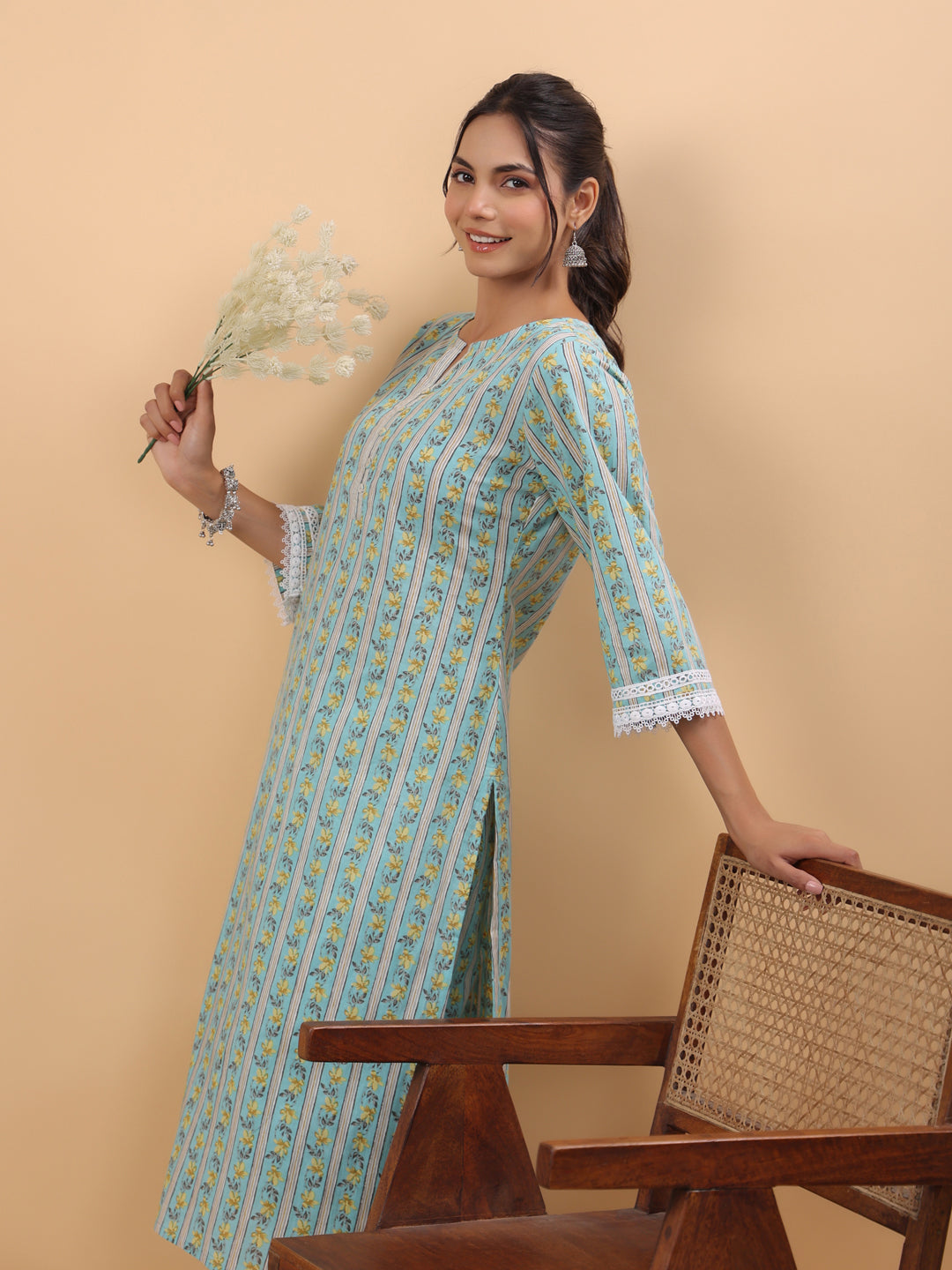 Janasya Regular Cambric Light Blue Floral Notch Neck Set - Distacart