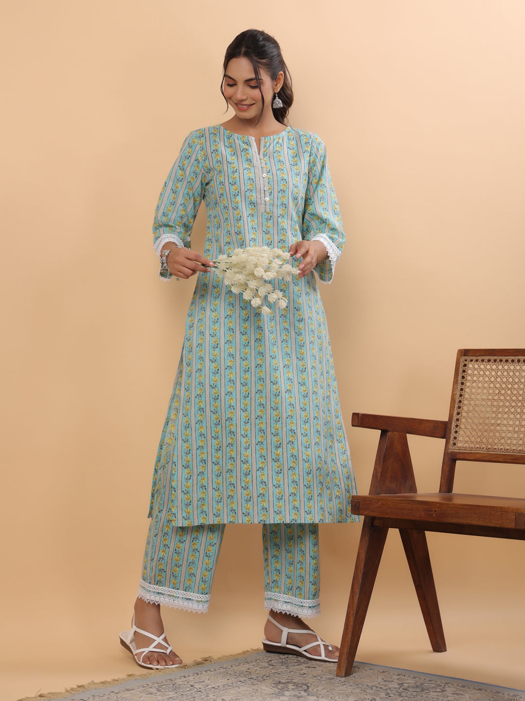 Janasya Regular Cambric Light Blue Floral Notch Neck Set - Distacart