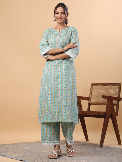 Janasya Regular Cambric Light Blue Floral Notch Neck Set - Distacart