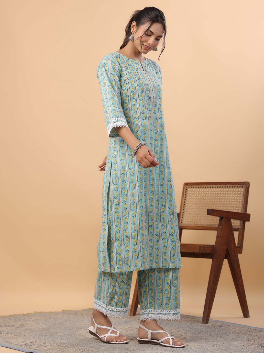 Janasya Regular Cambric Light Blue Floral Notch Neck Set - Distacart