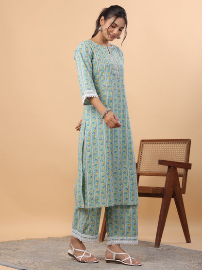 Janasya Regular Cambric Light Blue Floral Notch Neck Set - Distacart