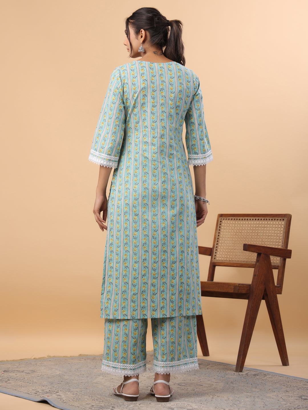 Janasya Regular Cambric Light Blue Floral Notch Neck Set - Distacart