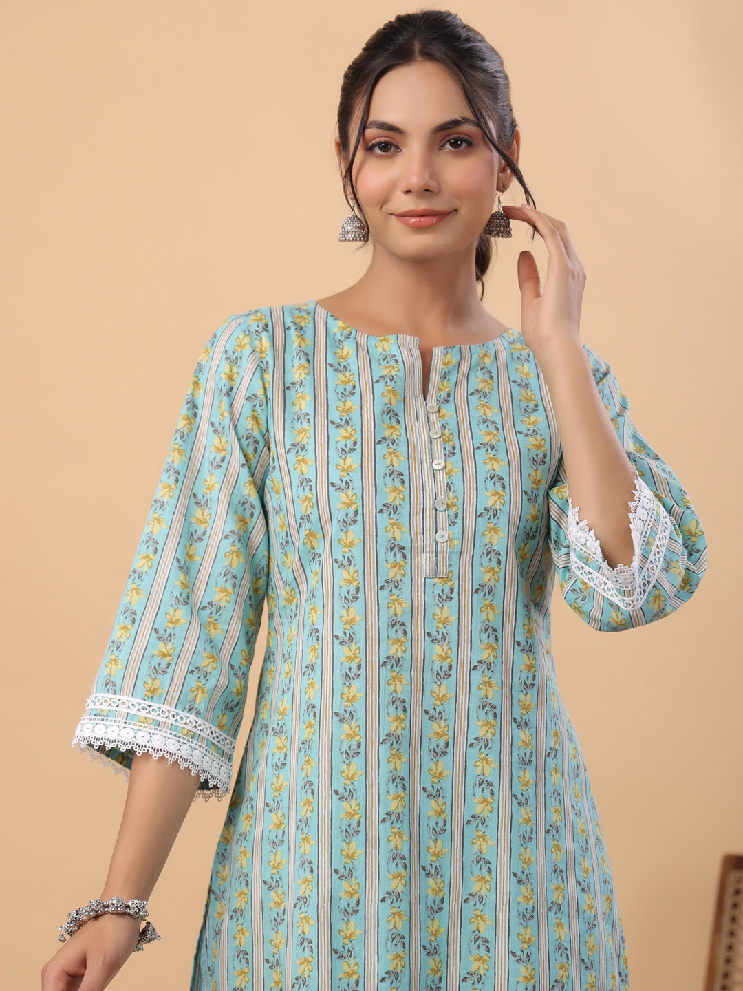 Janasya Regular Cambric Light Blue Floral Notch Neck Set - Distacart