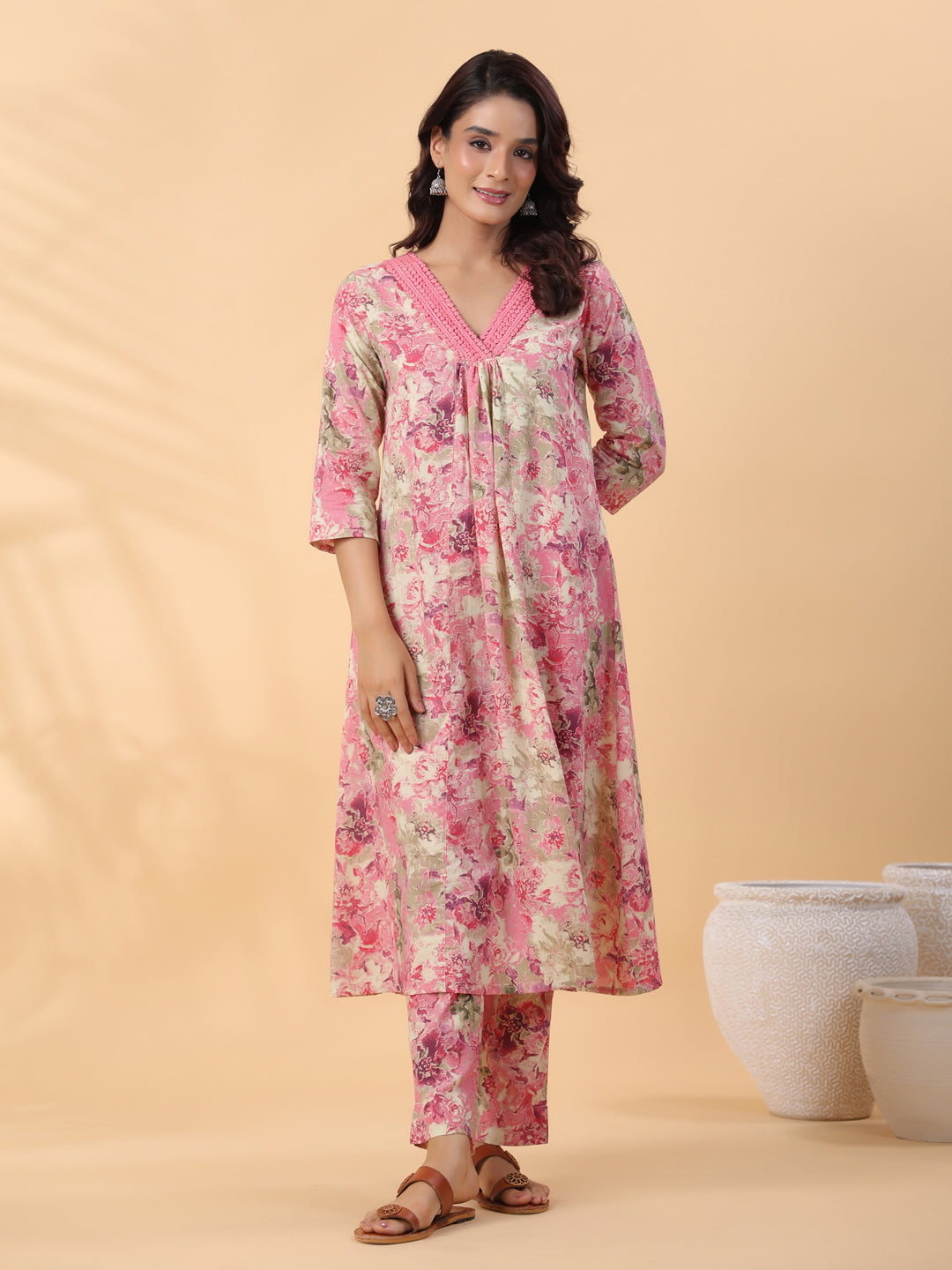 Janasya Gathered Cambric Cream Abstract V-Neck Kurta & Bottom - Distacart