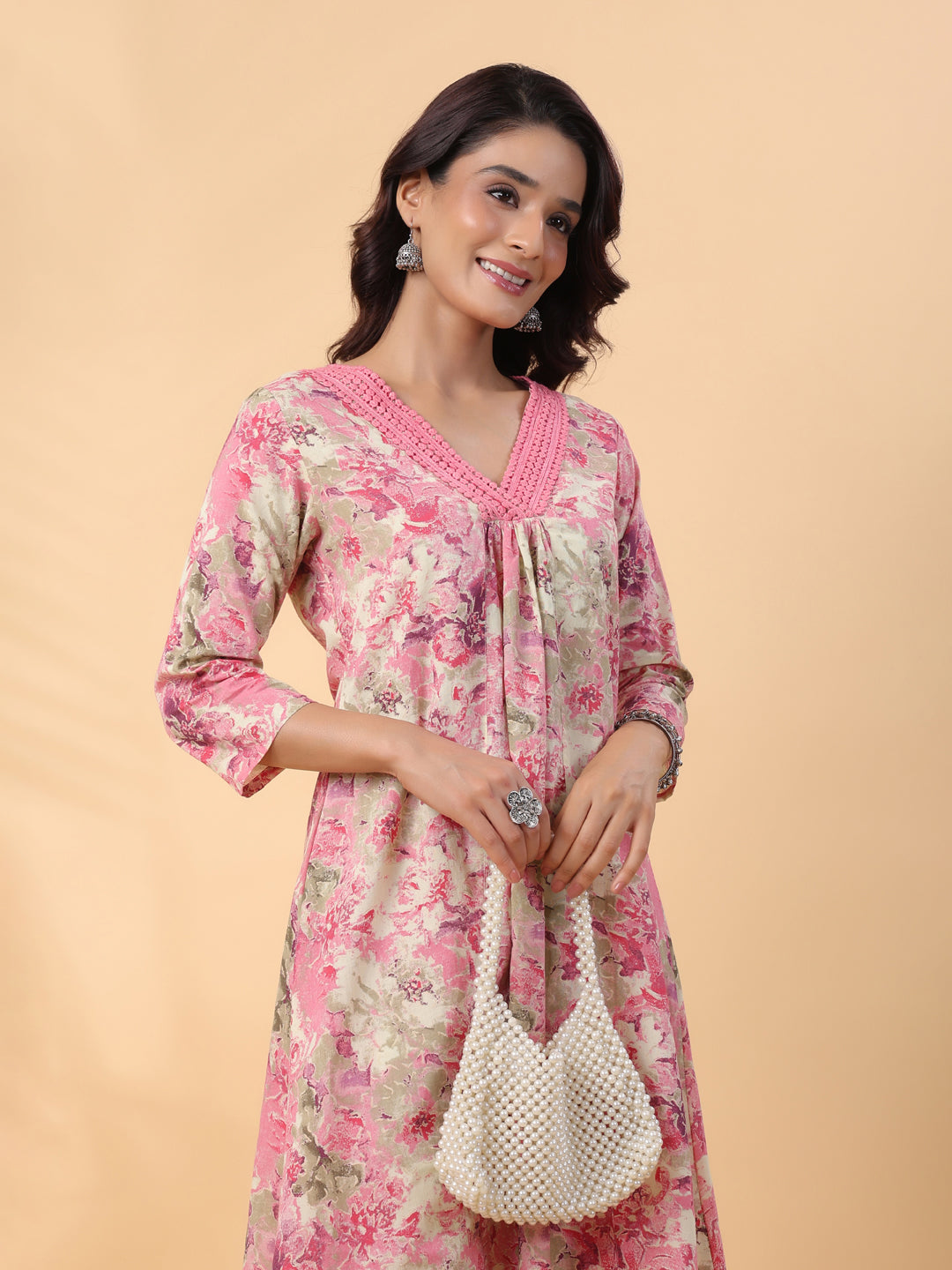 Janasya Gathered Cambric Cream Abstract V-Neck Kurta & Bottom - Distacart