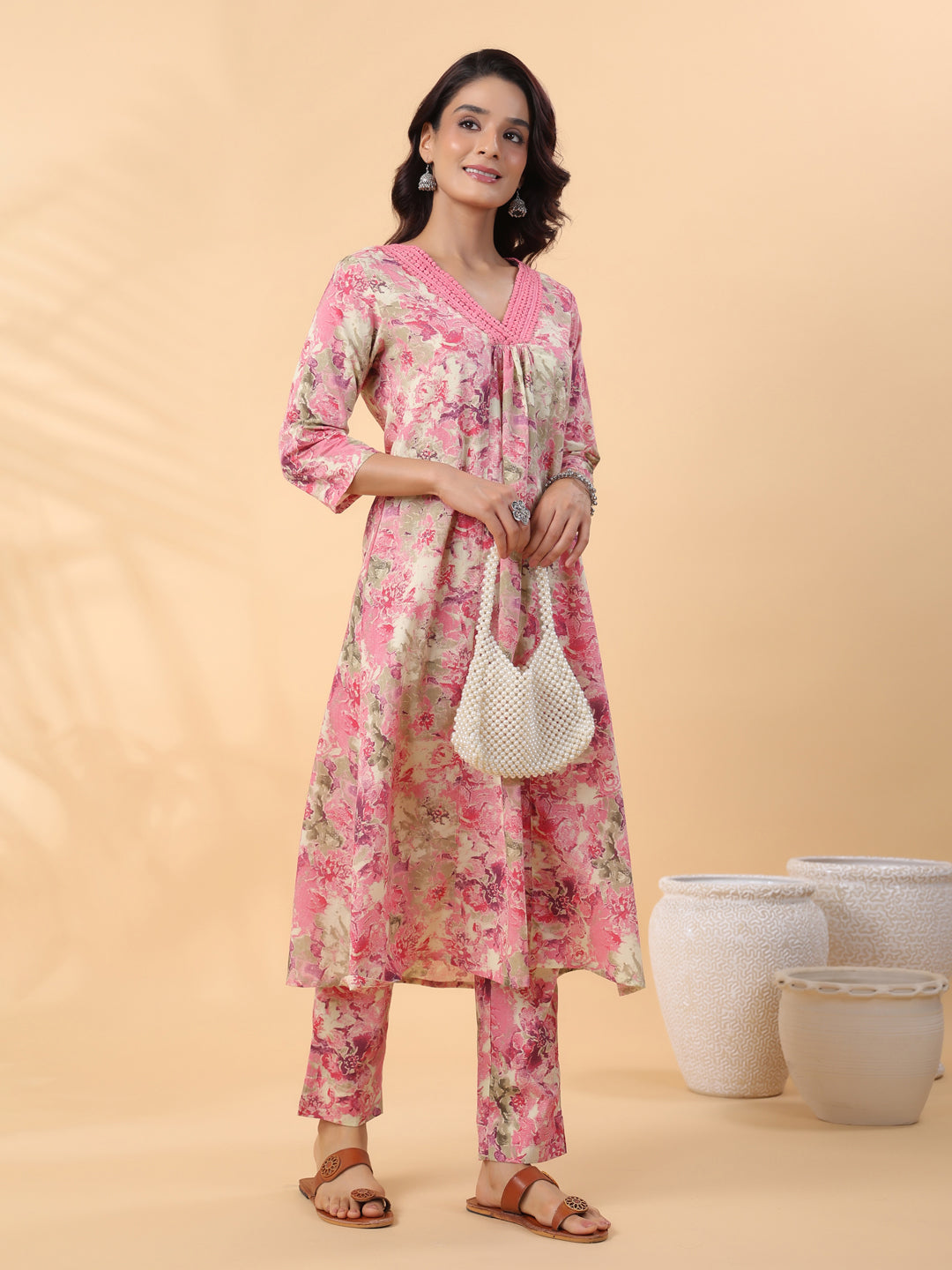 Janasya Gathered Cambric Cream Abstract V-Neck Kurta & Bottom - Distacart