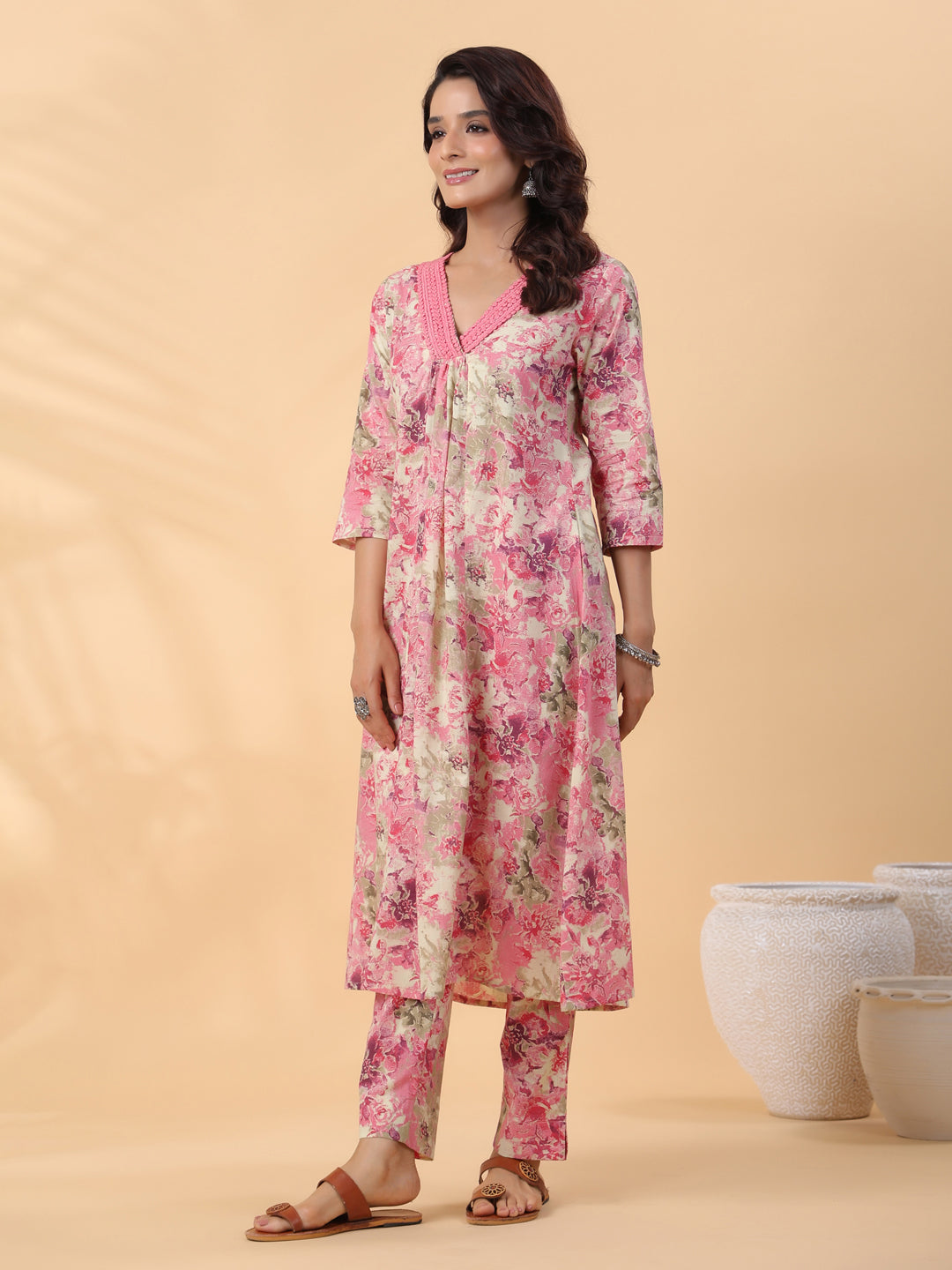 Janasya Gathered Cambric Cream Abstract V-Neck Kurta & Bottom - Distacart