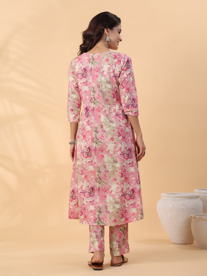 Janasya Gathered Cambric Cream Abstract V-Neck Kurta & Bottom - Distacart