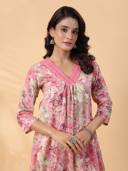 Janasya Gathered Cambric Cream Abstract V-Neck Kurta & Bottom - Distacart