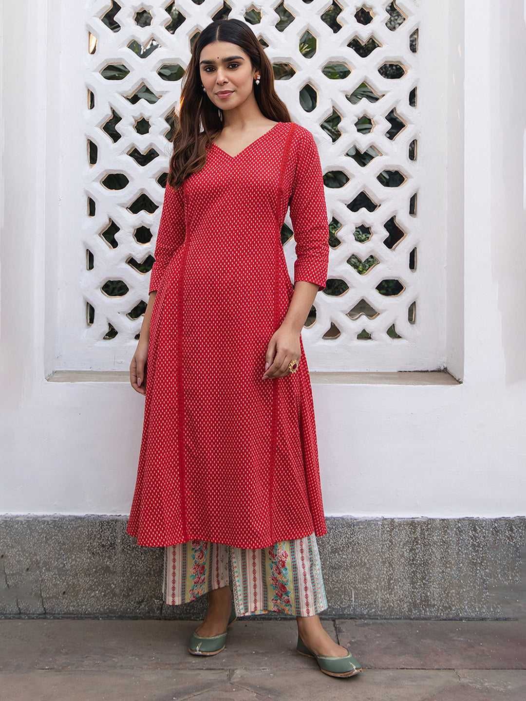 Janasya Dark Cotton Ethnic Motifs A-Line Kurta Set