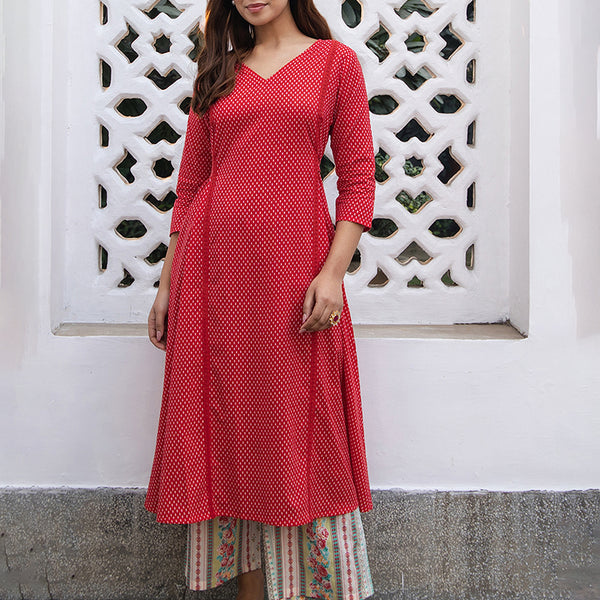 Janasya Dark Cotton Ethnic Motifs A-Line Kurta Set