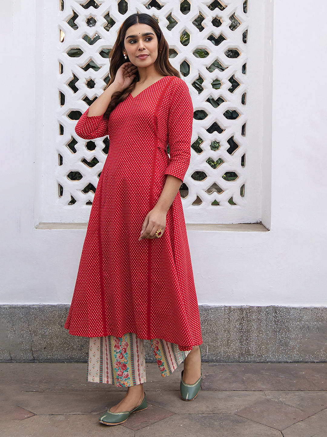 Janasya Dark Cotton Ethnic Motifs A-Line Kurta Set