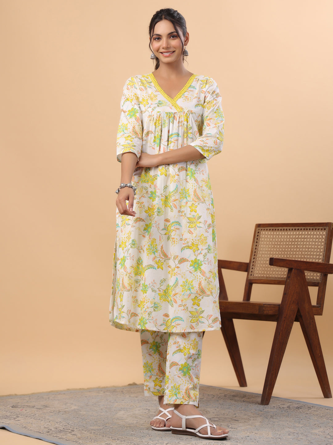 Janasya A-Line Cambric White Floral V-Neck Set - Distacart