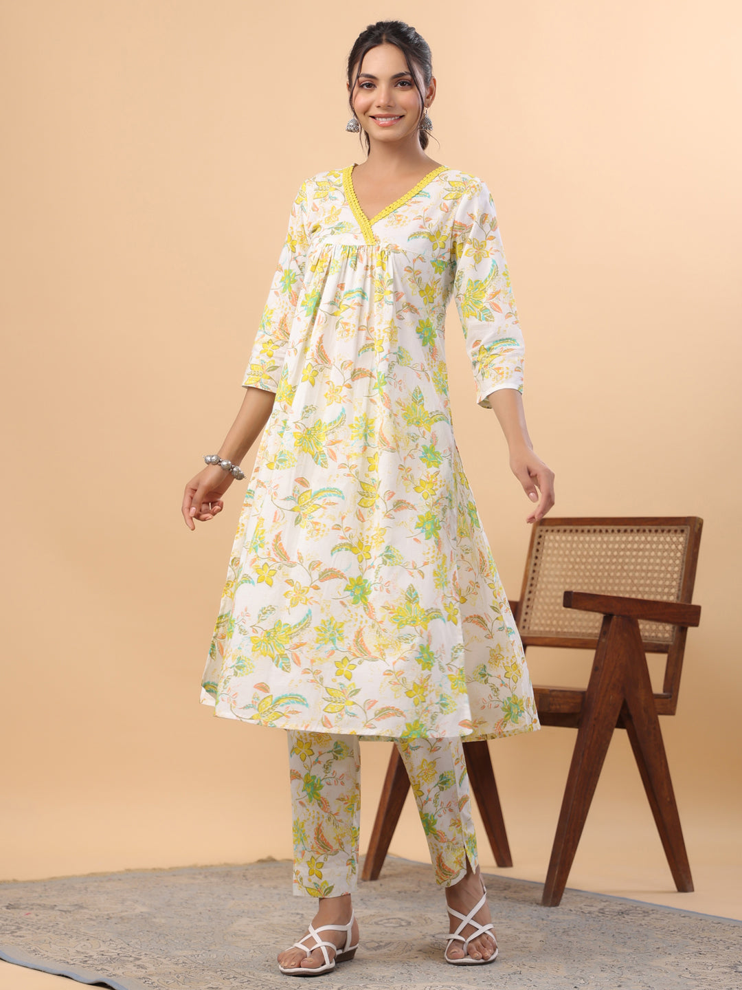 Janasya A-Line Cambric White Floral V-Neck Set - Distacart