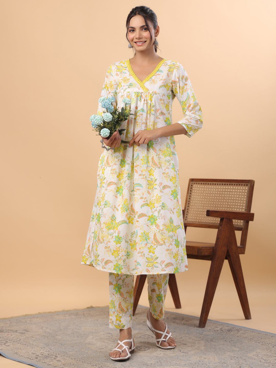 Janasya A-Line Cambric White Floral V-Neck Set - Distacart