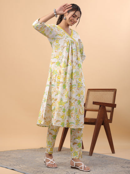 Janasya A-Line Cambric White Floral V-Neck Set - Distacart