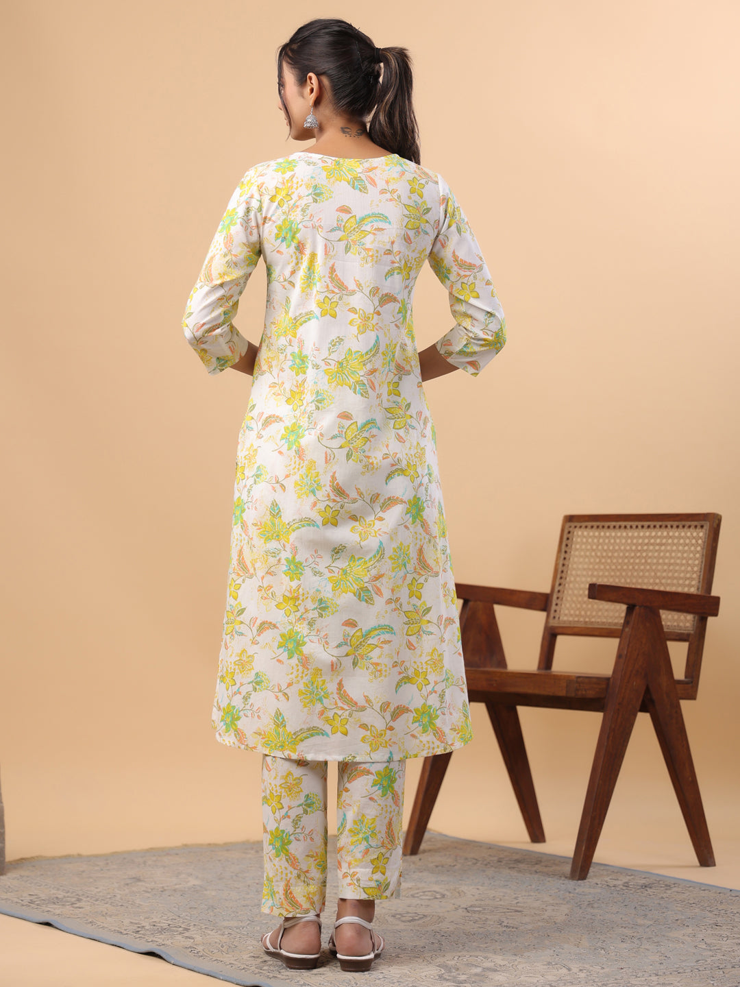 Janasya A-Line Cambric White Floral V-Neck Set - Distacart