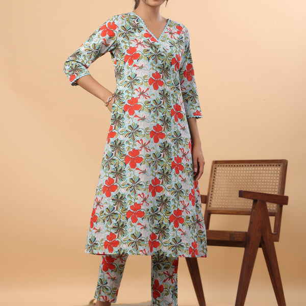 Janasya A-Line Cambric Blue Floral V-Neck Kurta & Bottom - Distacart