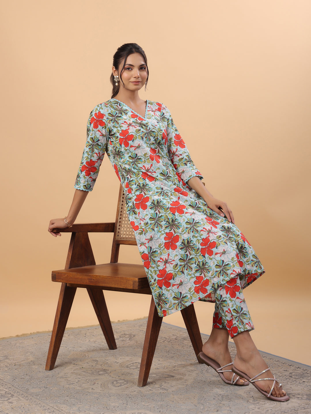 Janasya A-Line Cambric Blue Floral V-Neck Kurta & Bottom - Distacart