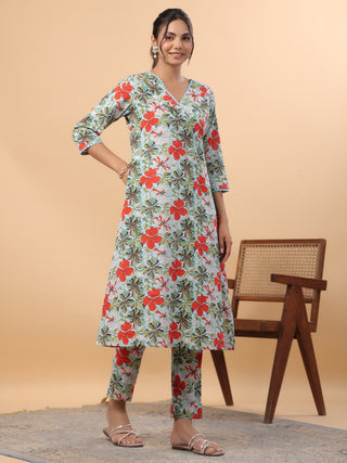 Janasya A-Line Cambric Blue Floral V-Neck Kurta & Bottom - Distacart
