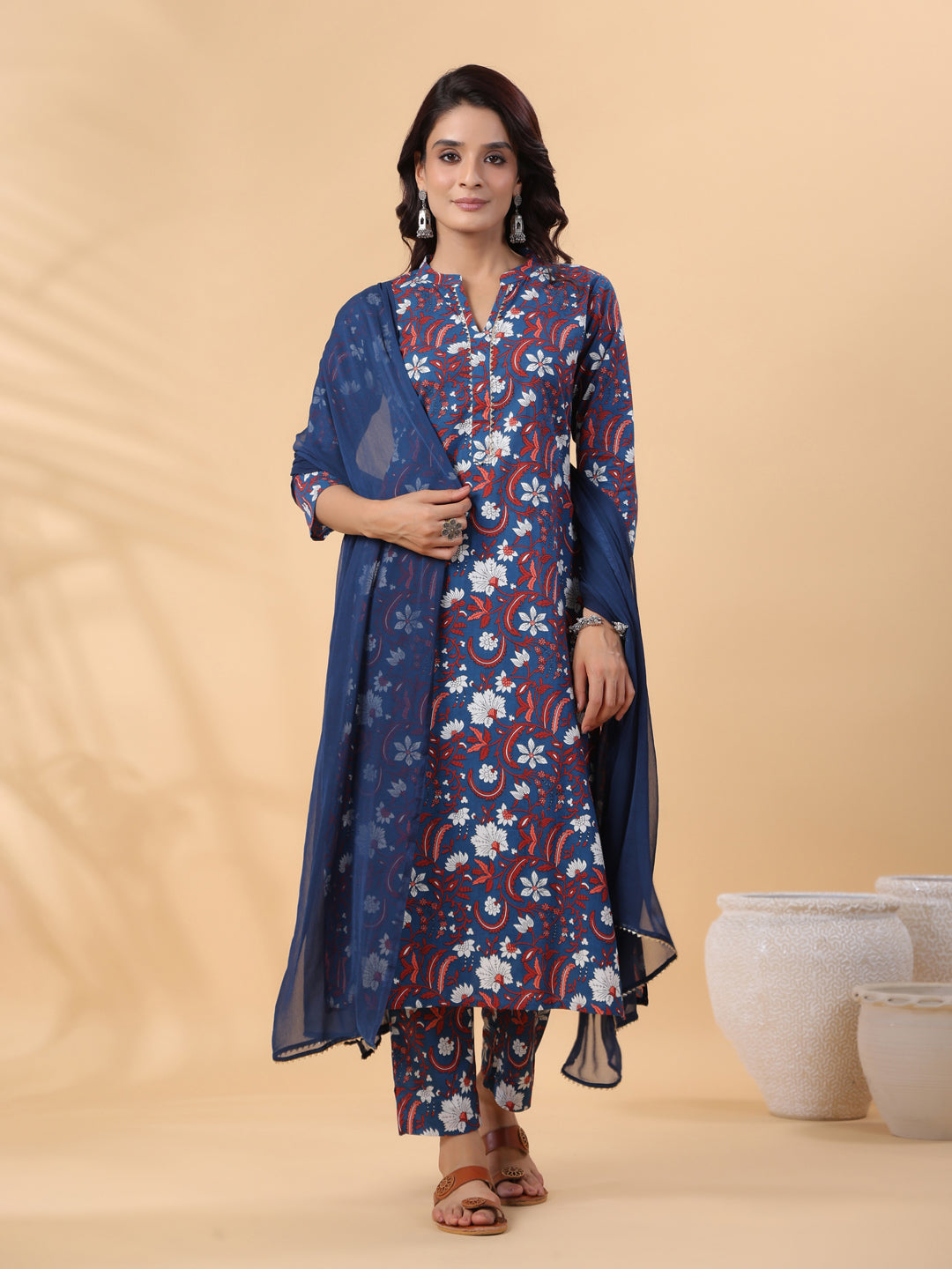 Janasya Regular Cambric Navy Blue Floral Band Collar Kurta,Bottom & Dupatta - Distacart