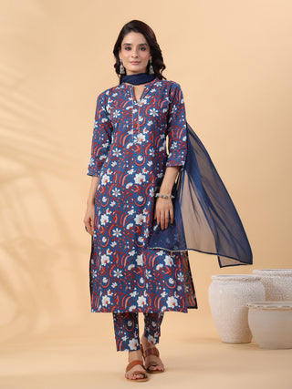 Janasya Regular Cambric Navy Blue Floral Band Collar Kurta,Bottom & Dupatta - Distacart