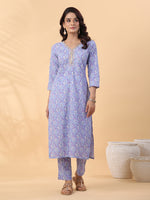 Thumbnail for Janasya Ice Blue Cambric Floral Kurta Set