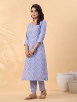 Thumbnail for Janasya Ice Blue Cambric Floral Kurta Set