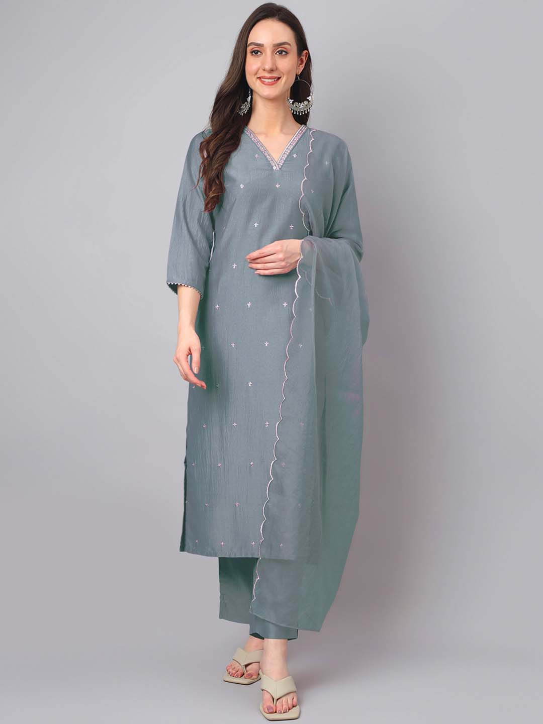 Janasya Regular Chinnon Ice Blue Embroidered V-Neck Kurta,Bottom & Dupatta - Distacart