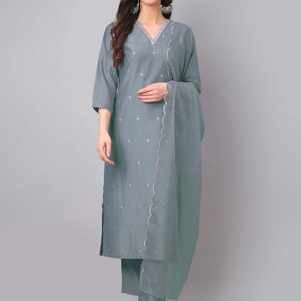 Janasya Regular Chinnon Ice Blue Embroidered V-Neck Kurta,Bottom & Dupatta - Distacart