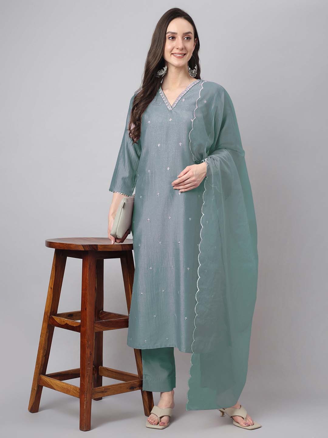 Janasya Regular Chinnon Ice Blue Embroidered V-Neck Kurta,Bottom & Dupatta - Distacart