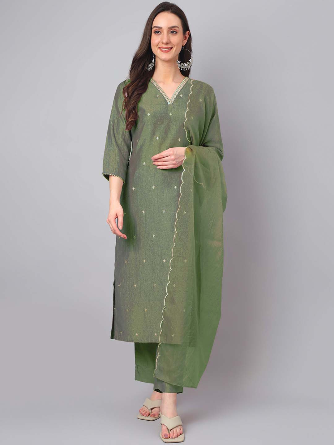 Janasya Regular Chinnon Green Ethnic Motifs V-Neck Kurta,Bottom & Dupatta - Distacart