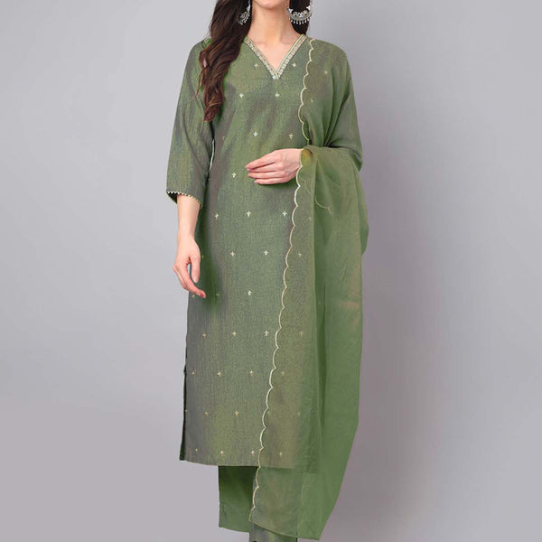 Janasya Regular Chinnon Green Ethnic Motifs V-Neck Kurta,Bottom & Dupatta - Distacart