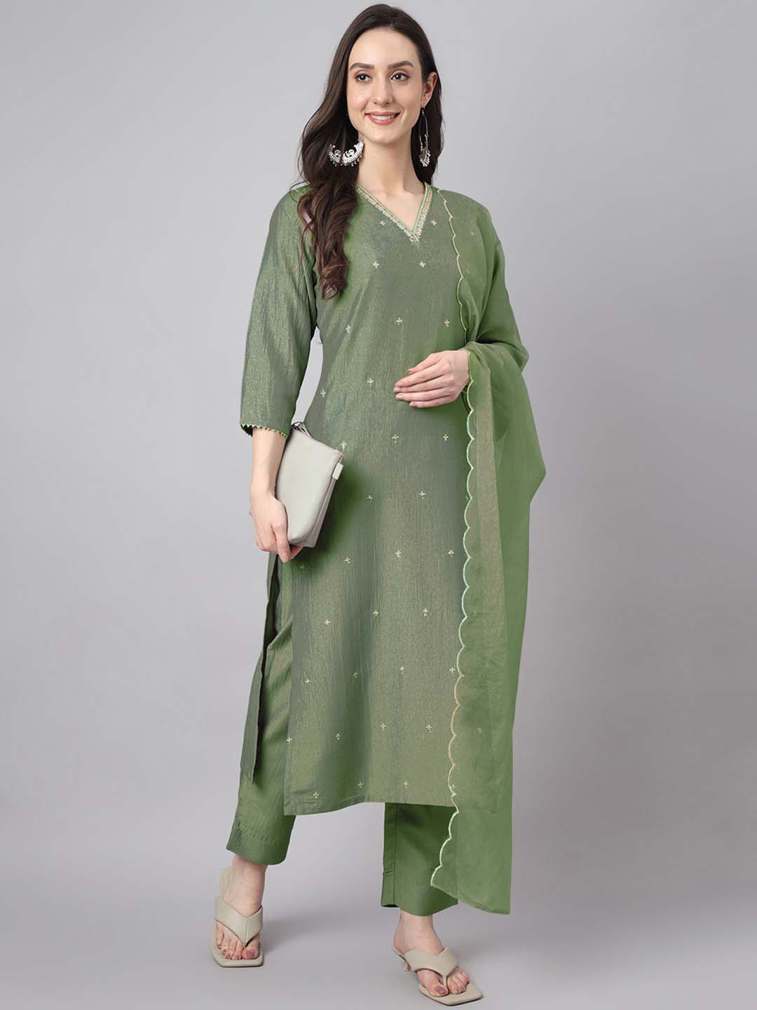 Janasya Regular Chinnon Green Ethnic Motifs V-Neck Kurta,Bottom & Dupatta - Distacart