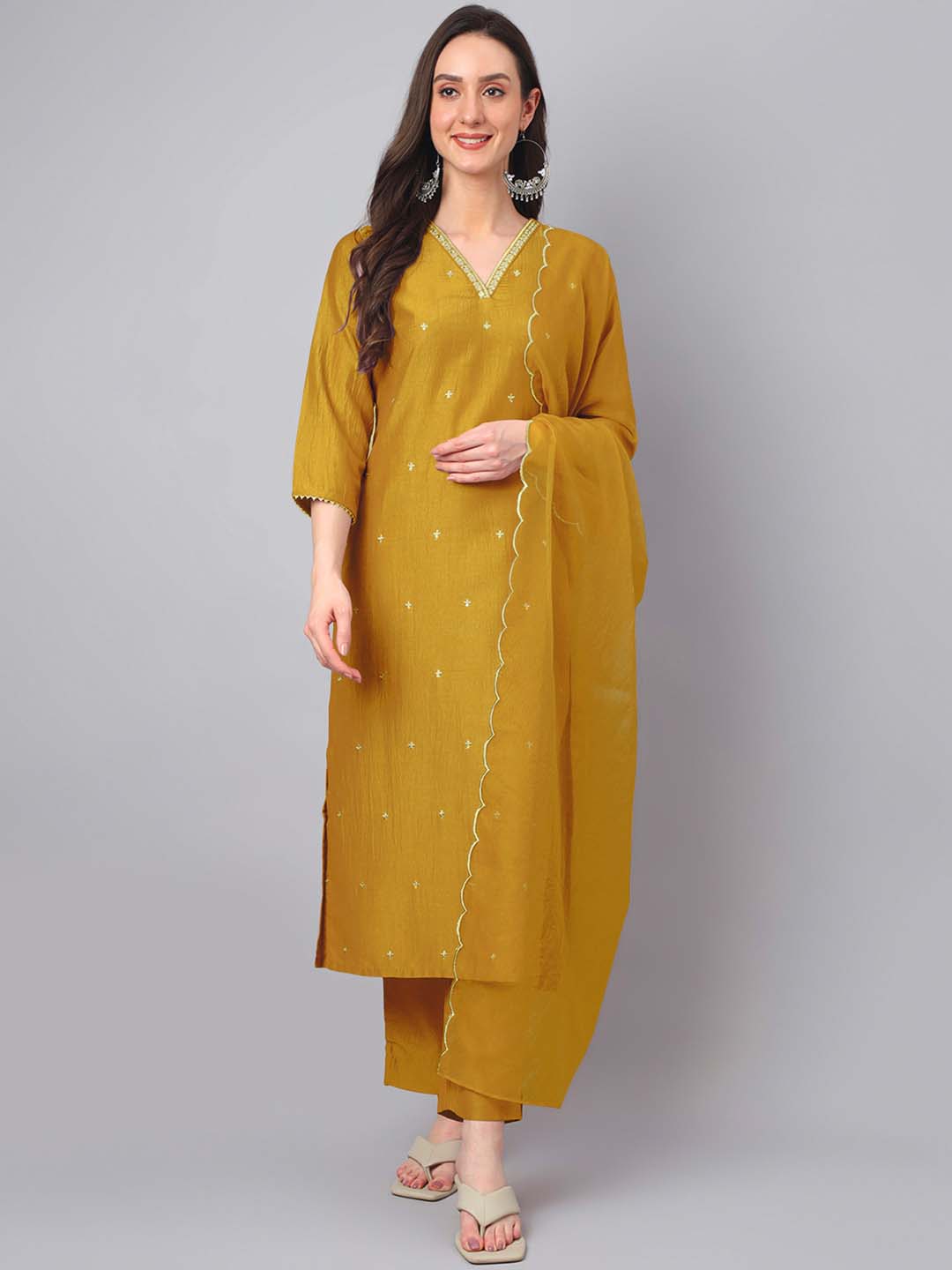 Janasya Regular Chinnon Mustard Ethnic Motifs V-Neck Kurta,Bottom & Dupatta - Distacart