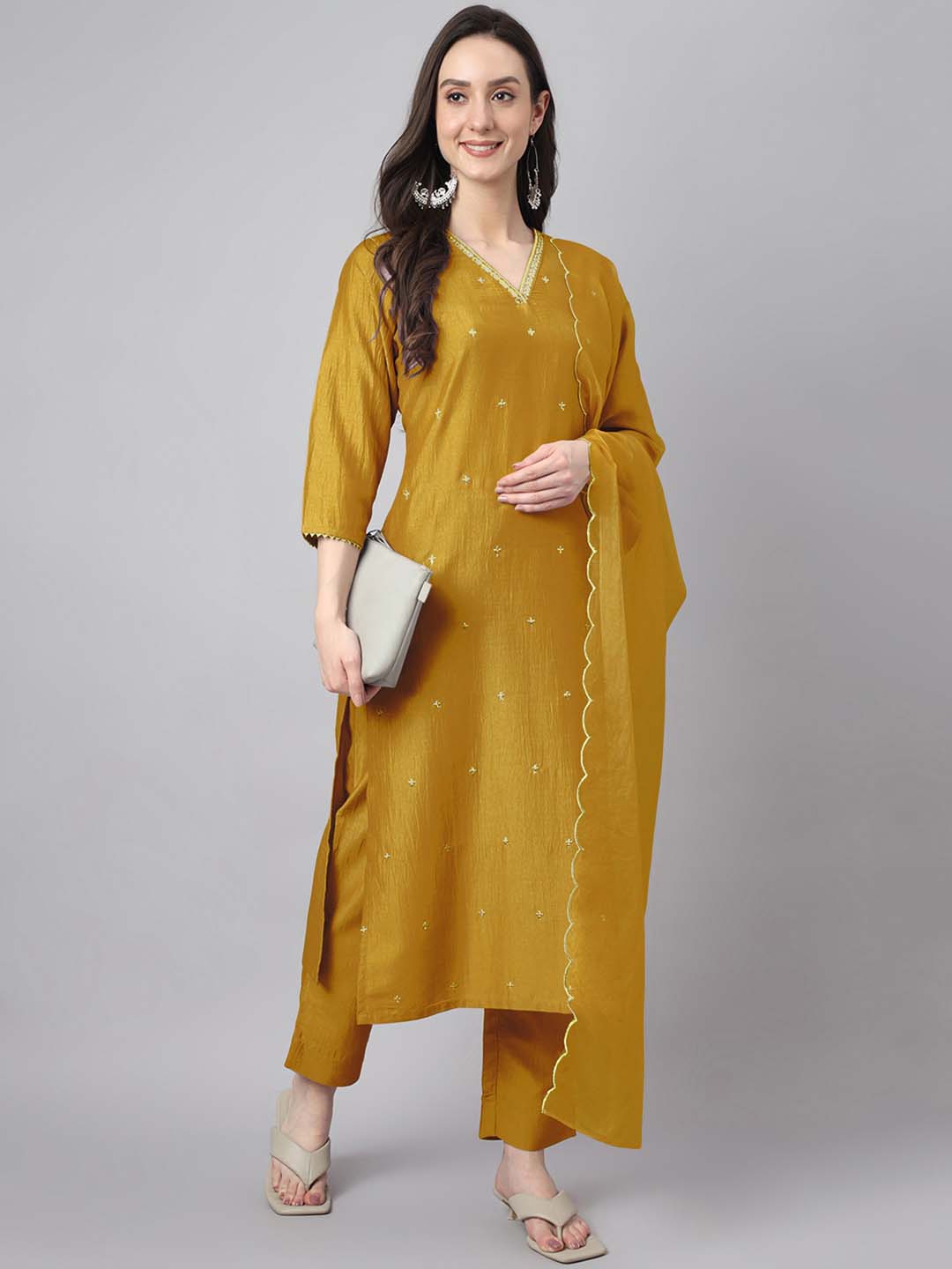 Janasya Regular Chinnon Mustard Ethnic Motifs V-Neck Kurta,Bottom & Dupatta - Distacart