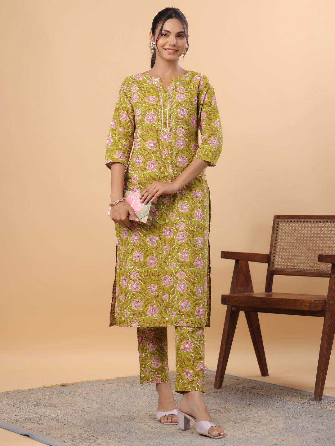 Janasya Regular Cambric Lime Green Floral Round Neck Kurta & Bottom - Distacart