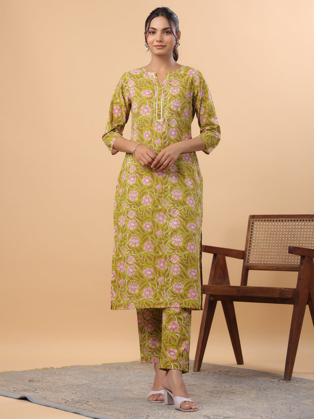 Janasya Regular Cambric Lime Green Floral Round Neck Kurta & Bottom - Distacart