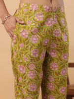 Thumbnail for Janasya Lime Green Cambric Floral Kurta & Bottom