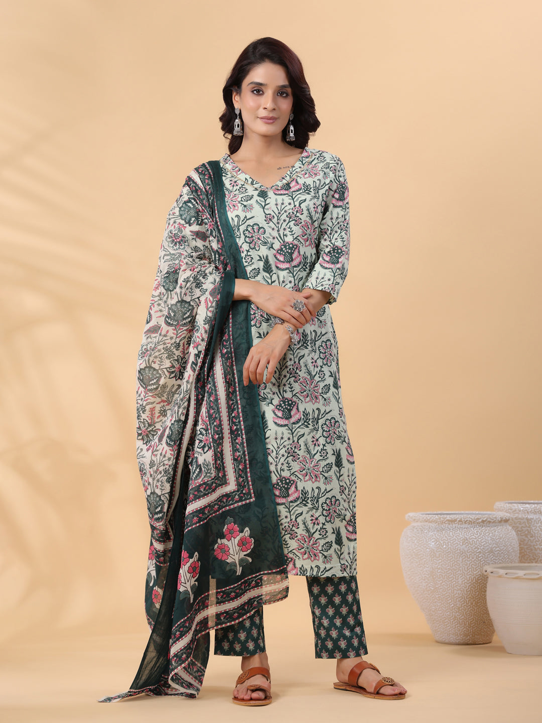 Janasya Regular Cambric Mint Floral V-Neck Kurta,Bottom & Dupatta - Distacart