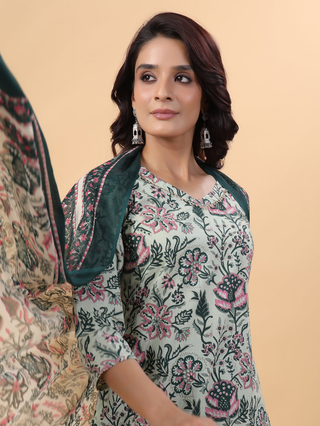 Janasya Regular Cambric Mint Floral V-Neck Kurta,Bottom & Dupatta - Distacart